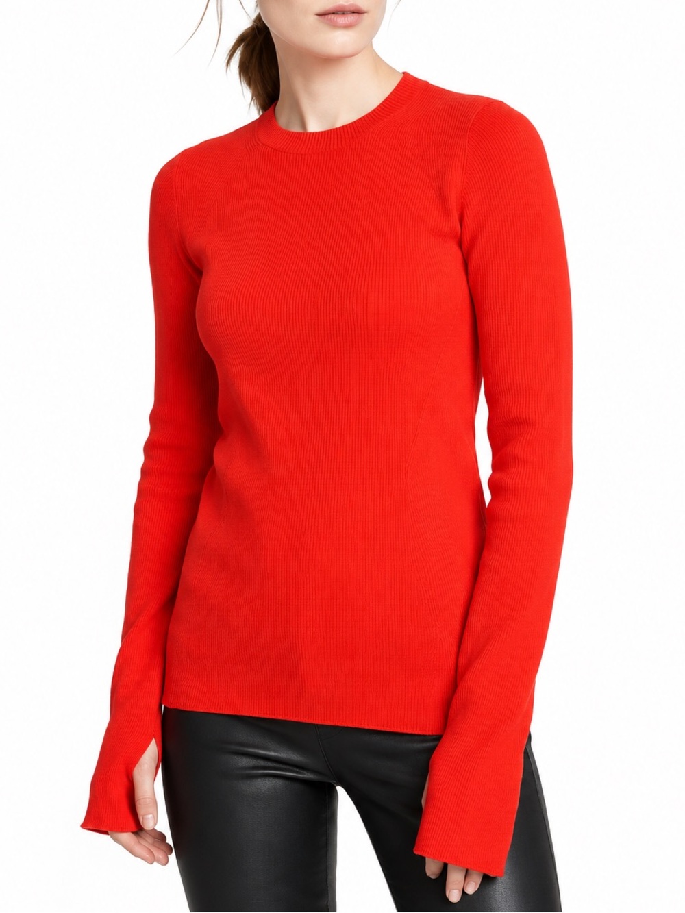 Helmut Lang Orange Ribbed Crew Neck Thumbhole Sweater Small